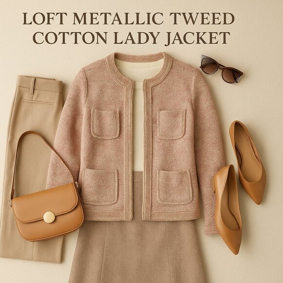 LOFT Metallic Tweed Cotton Lady Jacket | Pink & Tan Marled Knit | Preppy Size M - Picture 1 of 16